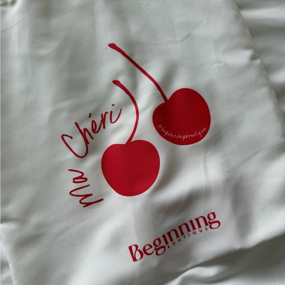 Beginning Boutique Red Cherry Print White Tote Bag